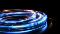 Glowing spiral light trails with blue and orange neon effects against dark background create dynamic motion and energy flow pattern for technology concepts.