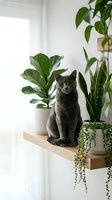 Gray cat sitting on wooden shelf surrounded by green houseplants in modern minimalist interior design for home decor and pet lifestyle concepts.