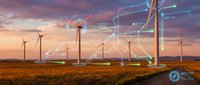 Wind farm at sunset with glowing digital data overlays, arrows, and network lines visualizing smart energy monitoring and green power management.