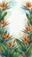 Watercolor tropical frame with bird of paradise flowers and lush green leaves, forming a border with white copy space in the center.