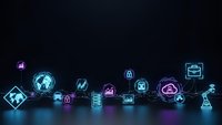 Glowing digital technology icons connected by network lines on dark background representing cloud computing, data analytics and cybersecurity solutions.