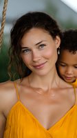Young woman in yellow sundress smiling warmly with natural makeup and blue eyes, while mixed-race child peeks from behind. Soft natural lighting creates intimate family moment.