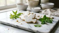 White iced gingerbread cookies shaped like teapots on marble board with fresh mint leaves, cozy kitchen setting for baking and dessert concepts.