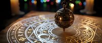 Ornate bronze pendulum suspended over zodiac wheel with astrological symbols and mystical circles, surrounded by warm candlelight and colorful bokeh lights.