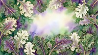 Ornamental leafy border frame with purple and white decorative foliage surrounding soft watercolor center space, suitable for invitations, cards, and design backgrounds.