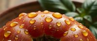 Fresh ripe strawberry with water droplets on wooden surface next to green pineapple leaves. Macro photography showcasing natural fruit texture and moisture.