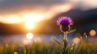 Purple thistle flower backlit by golden sunset with dreamy bokeh background, mountain silhouette and glowing sun create atmospheric nature scene.