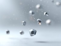 Geometric crystal shapes floating in misty gray space with soft bokeh effect and subtle shadows create ethereal minimalist composition for luxury branding and design projects.