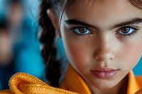 Close-up portrait of young female with intense blue eyes and braided hair wearing orange clothing against blue background.