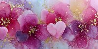 Watercolor hearts in pink and purple tones with golden glitter accents on soft gradient background for romantic designs and Valentine decorations.