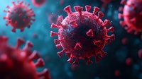 Microscopic view of coronavirus cell structure in red and blue tones showing detailed spike proteins and viral membrane against dark background for medical visualization.