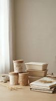 Sustainable eco-friendly disposable tableware set with biodegradable cups, containers and napkins on wooden table for zero waste dining.