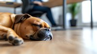 Sleeping brown boxer dog lying on wooden floor in modern home interior, close-up view of muzzle with shallow depth of field and blurred background.