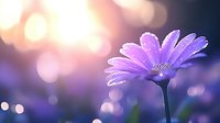 Purple daisy flower with water droplets against soft bokeh background in warm sunlight for nature and spring themes.