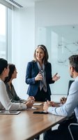 Professional businesswoman leading team meeting in modern conference room with whiteboard presenting strategy to diverse colleagues in corporate office.