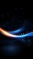 Dynamic flowing waves of blue and orange light create an abstract cosmic pattern against dark background with glowing particles and bokeh effects.