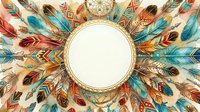 Ornate circular frame surrounded by decorative feathers in warm and cool tones with geometric patterns, isolated on white background, ready for design projects, invitations, and branding applications.