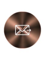 Copper metallic circular button with white email envelope icon and arrow symbol for web interface and digital communication applications.