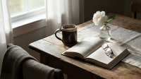 Cozy reading corner with open book, coffee mug and white rose on rustic wooden table by window. Morning light creates peaceful atmosphere for relaxation.