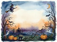 Watercolor Halloween frame with witch, pumpkins, ghosts, bats and spooky trees creating magical border for seasonal designs and decorations.