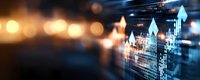 Financial market growth chart with glowing arrows pointing upward against blurred city lights background, representing stock exchange success and economic prosperity.