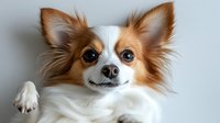 Adorable papillon dog with distinctive butterfly-like ears and white and sable coat smiling at camera against light background, showing friendly expression.