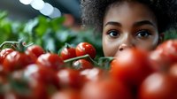 Young African American woman with curly hair shopping for fresh red tomatoes at grocery store produce section for healthy cooking and nutrition.
