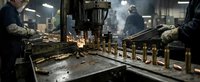 Industrial metalworker operating welding equipment in manufacturing facility with sparks and protective gear for heavy industry production processes.