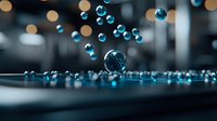 Glowing blue spherical droplets floating against dark background with golden bokeh lights create magical atmosphere for abstract design concepts.