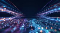 Futuristic digital circuit board with glowing light trails and bokeh effects on dark background for technology and innovation concepts.