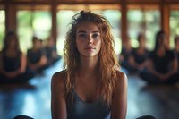 Young Caucasian woman with curly blonde hair in fitness studio during yoga class meditation session with blurred people practicing in background.