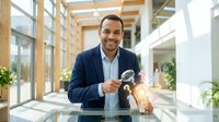 Professional African American businessman in navy suit holding coffee cup in modern office lobby with natural lighting and wooden architectural elements.