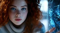Young redhead woman with curly hair and blue eyes looking at futuristic holographic technology display with digital circuits and data visualization.