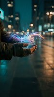 Businessman holding glowing digital bank building hologram with data streams on urban night street background for fintech and banking technology concepts.