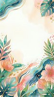 Tropical botanical frame with monstera leaves, pink flowers, and watercolor liquid elements with gold accents on cream background, suitable for invitations and design projects.