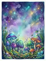 Whimsical mushroom forest under starry night sky with glowing celestial lights, magical woodland scene with vibrant purple, green, and gold tones, fantasy nature artwork for creative projects.
