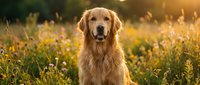 Golden retriever sitting in wildflower meadow during golden hour sunset, surrounded by blooming yellow flowers and green grass, warm natural lighting.