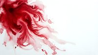 Abstract red watercolor paint splash with flowing organic shapes and droplets on white background for artistic design projects.