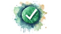 Green watercolor checkmark symbol on circular badge with teal and orange splatter background, isolated design element for approval and success concepts.