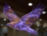 Mystical glowing dove in flight with ethereal purple and golden energy wings spreading against dark background, radiating spiritual light and magical essence.