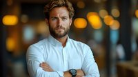 Confident young Caucasian businessman with beard and crossed arms in modern office environment with warm bokeh lighting for corporate presentations.