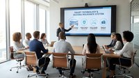Professional businessman presenting smart technology and modern insurance system to diverse team in contemporary conference room with large display screen.