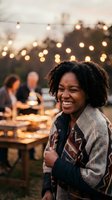 Happy African American woman laughing at outdoor evening gathering with warm string lights and friends socializing in background for lifestyle content.
