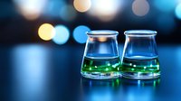 Two laboratory beakers with green chemical solution on reflective surface against blurred blue bokeh lights background for scientific research and experimentation.