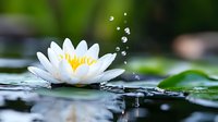 White water lily floating on pond surface with water drops splashing, green lily pads in soft focus background creates serene nature scene.