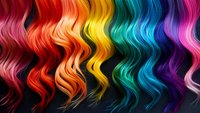 Vibrant rainbow colored wavy hair strands flowing in parallel lines against dark background, showcasing spectrum from red through purple for salon and beauty designs.