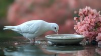 White dove drinking water from stone basin near blooming pink cherry blossoms, creating serene spring atmosphere with soft bokeh background.