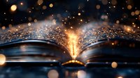 Open book with magical glowing light and floating golden bokeh particles against dark background, creating mystical atmosphere for fantasy and education concepts.