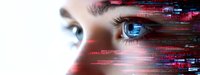 Young woman with blue eyes and digital data streams overlay representing artificial intelligence, technology integration, and futuristic human-computer interface concepts.