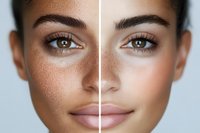 Split face comparison showing skin with and without freckles on young mixed race woman with natural makeup and brown eyes against light background.